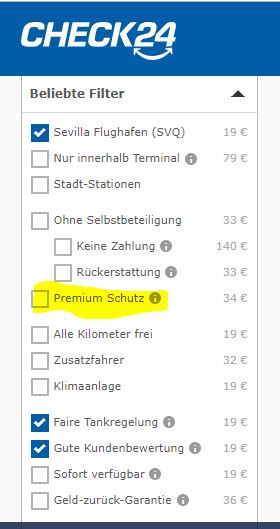 Versicherung Mietwagen Premium Schutz Filter