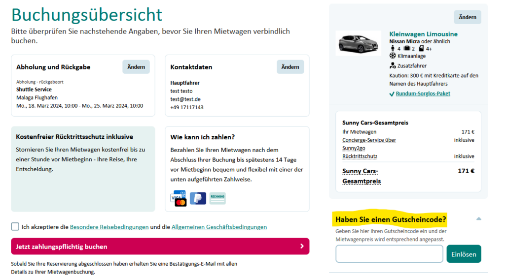Rabattcode_Sunny_Cars_Buchungsvorgang